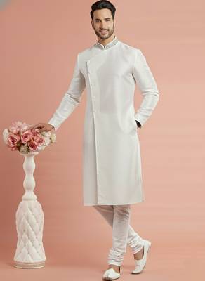 White embroidered dupion silk kurta set 1