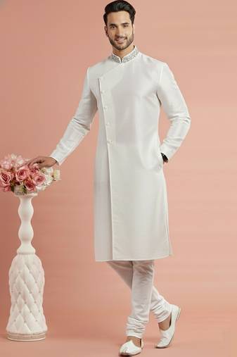 White embroidered dupion silk kurta set