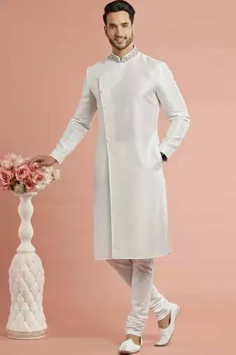 White embroidered dupion silk kurta set