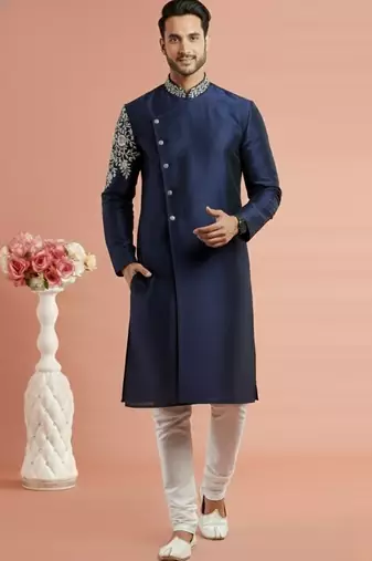 Navy embroidered dupion silk kurta set