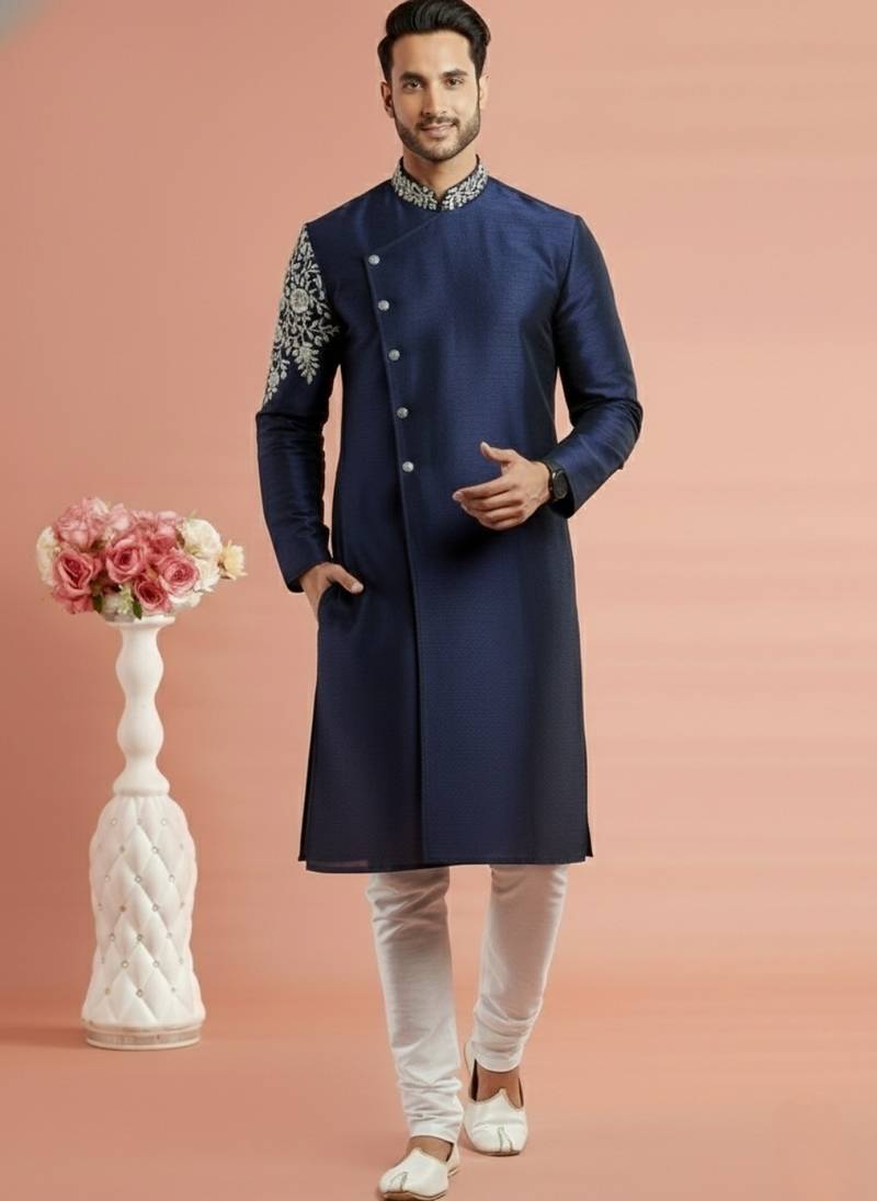 Navy embroidered dupion silk kurta set