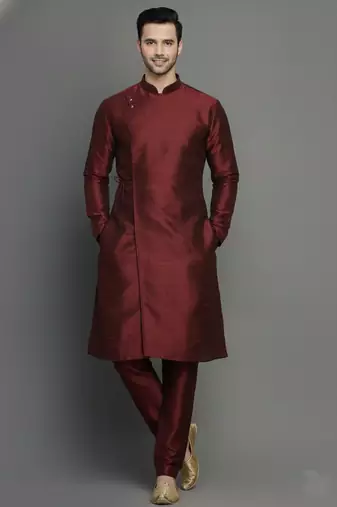Maroon embroidered dupion silk kurta set