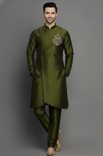 Mehndi embroidered dupion silk kurta set
