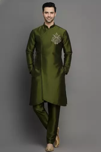Mehndi embroidered dupion silk kurta set