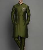 Mehndi embroidered dupion silk kurta set