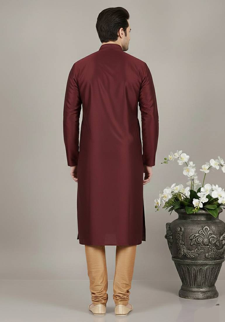 Maroon embroidered dupion silk kurta set