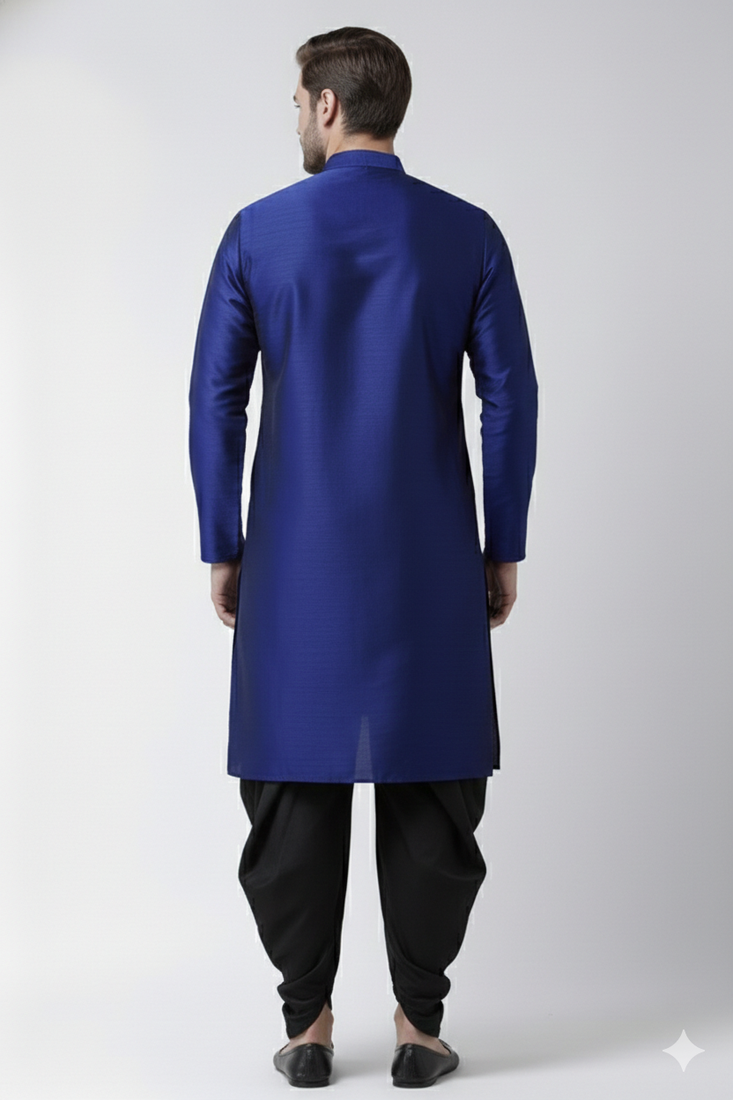 Royal blue embroidered dupion silk kurta set