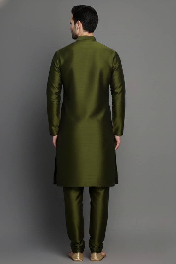 Mehndi embroidered dupion silk kurta set