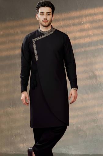 Black embroidered cotton kurta set