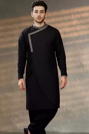 Black embroidered cotton kurta set