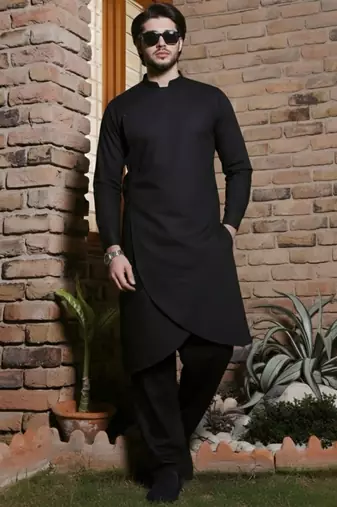 Black embroidered cotton kurta set