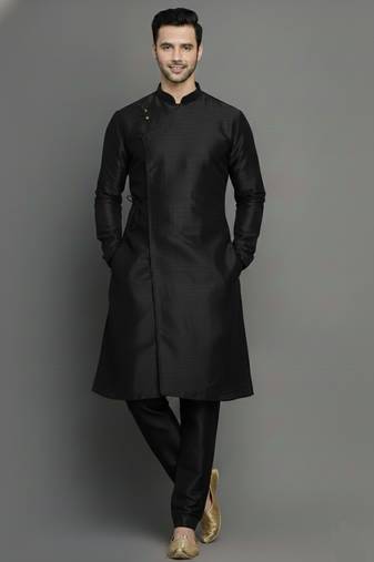 Black embroidered dupion silk kurta set