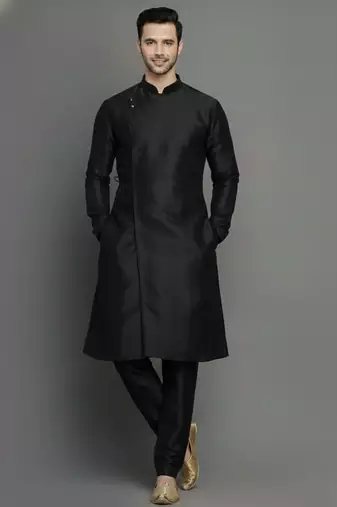 Black embroidered dupion silk kurta set