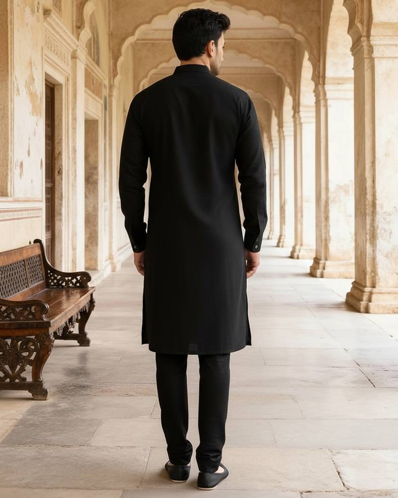 Black embroidered cotton kurta set