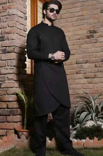Black embroidered cotton kurta set