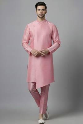 Pink embroidered dupion silk kurta set 1