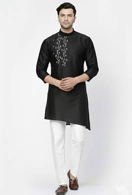 Black embroidered dupion silk kurta set 2
