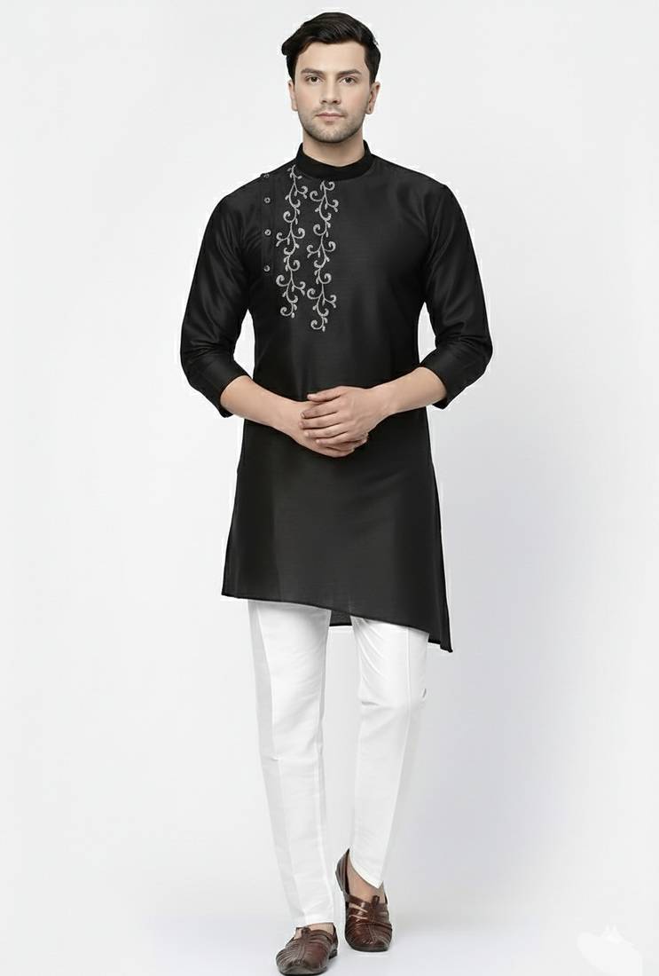 Black embroidered dupion silk kurta set