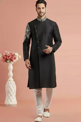 Black embroidered dupion silk kurta set