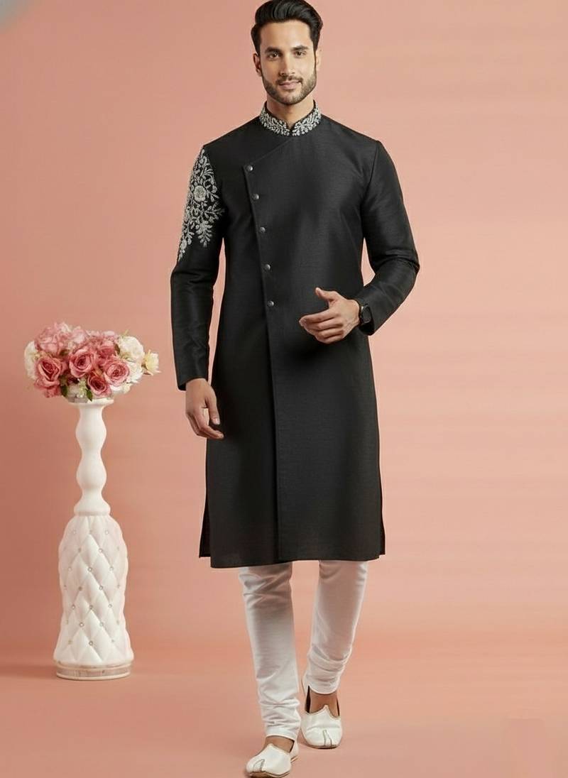 Black embroidered dupion silk kurta set
