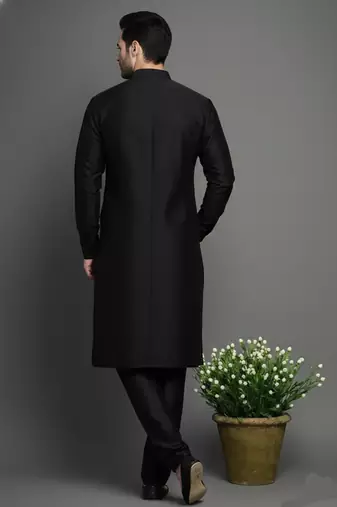 Black embroidered dupion silk kurta set