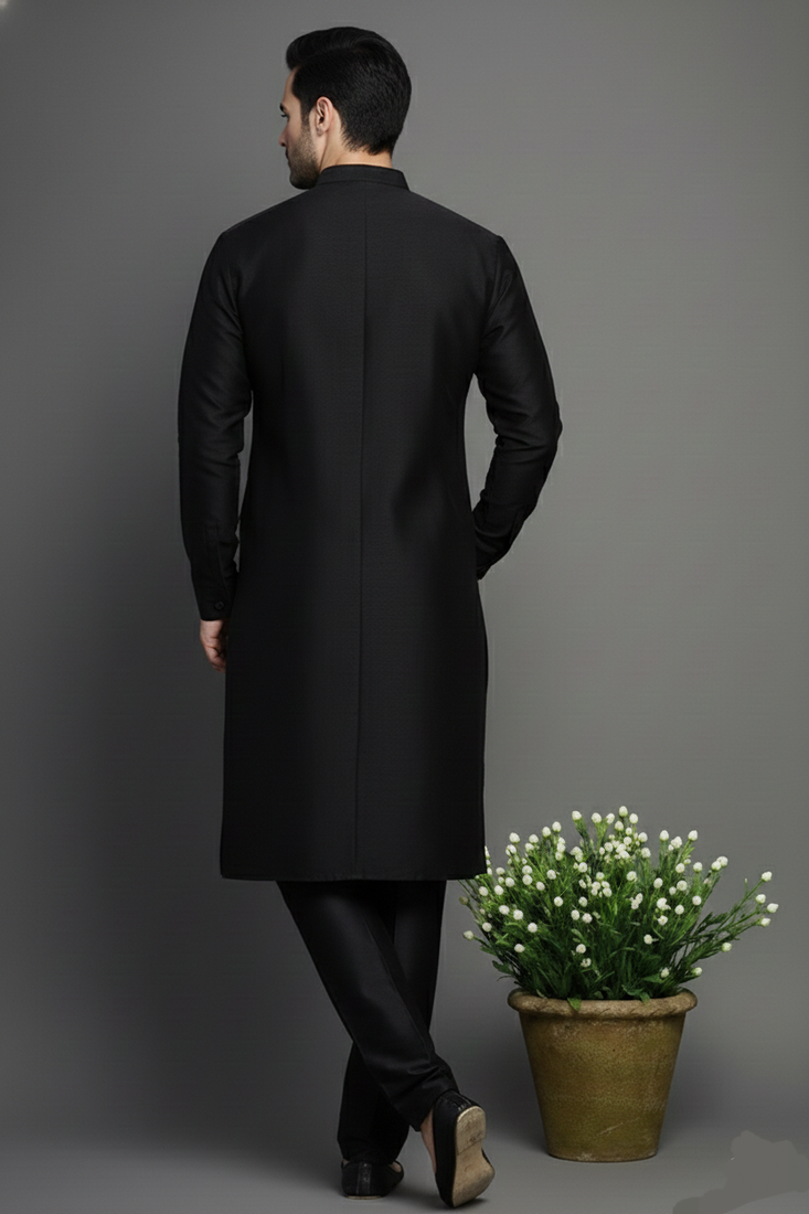 Black embroidered dupion silk kurta set