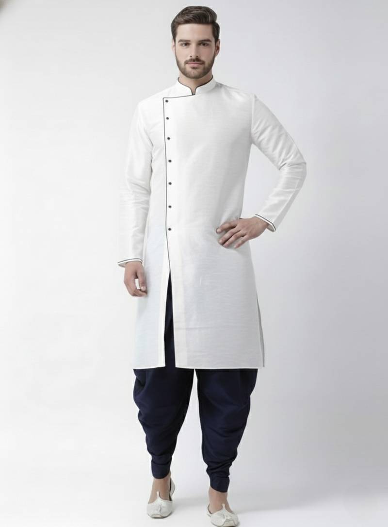 White embroidered dupion silk kurta set