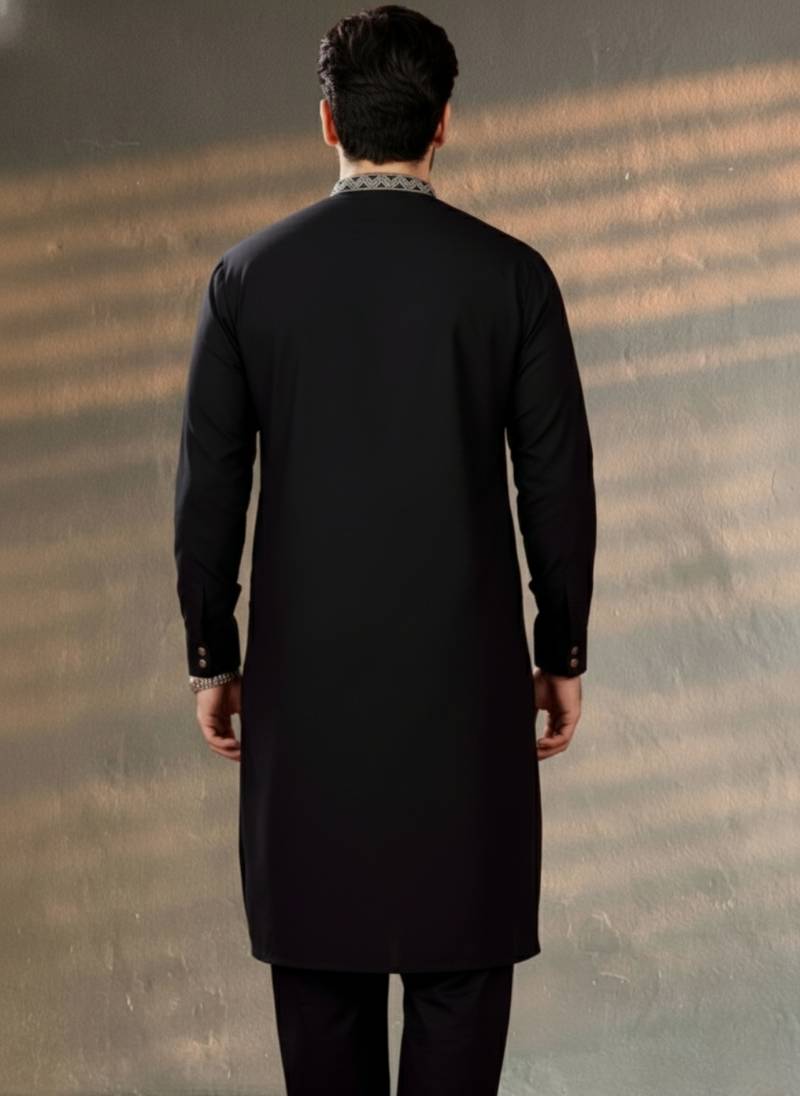Black embroidered cotton kurta set