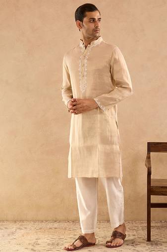 Beige embroidered tissue kurta
