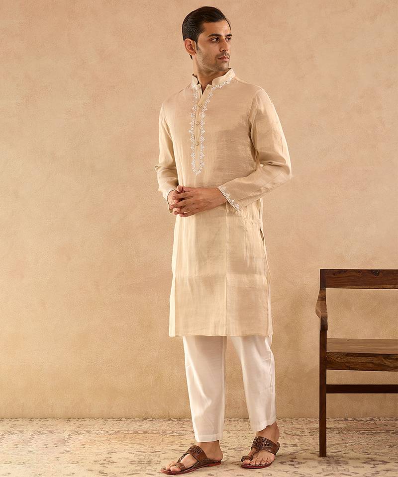 Beige embroidered tissue kurta
