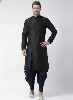 Black embroidered dupion silk kurta set 1