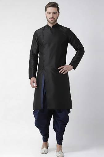 Black embroidered dupion silk kurta set