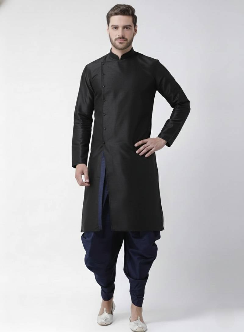 Black embroidered dupion silk kurta set