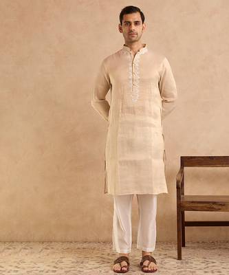 Beige embroidered tissue kurta 3