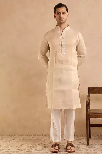 Beige embroidered tissue kurta