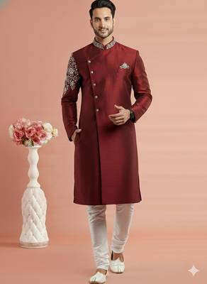 Maroon embroidered dupion silk kurta set 1