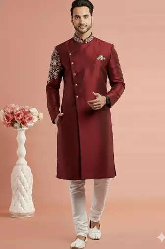Maroon embroidered dupion silk kurta set