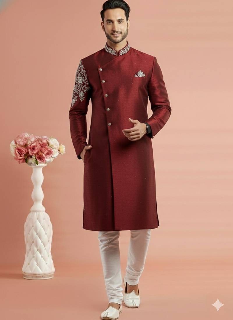 Maroon embroidered dupion silk kurta set