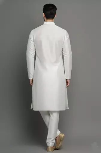 White embroidered dupion silk kurta set