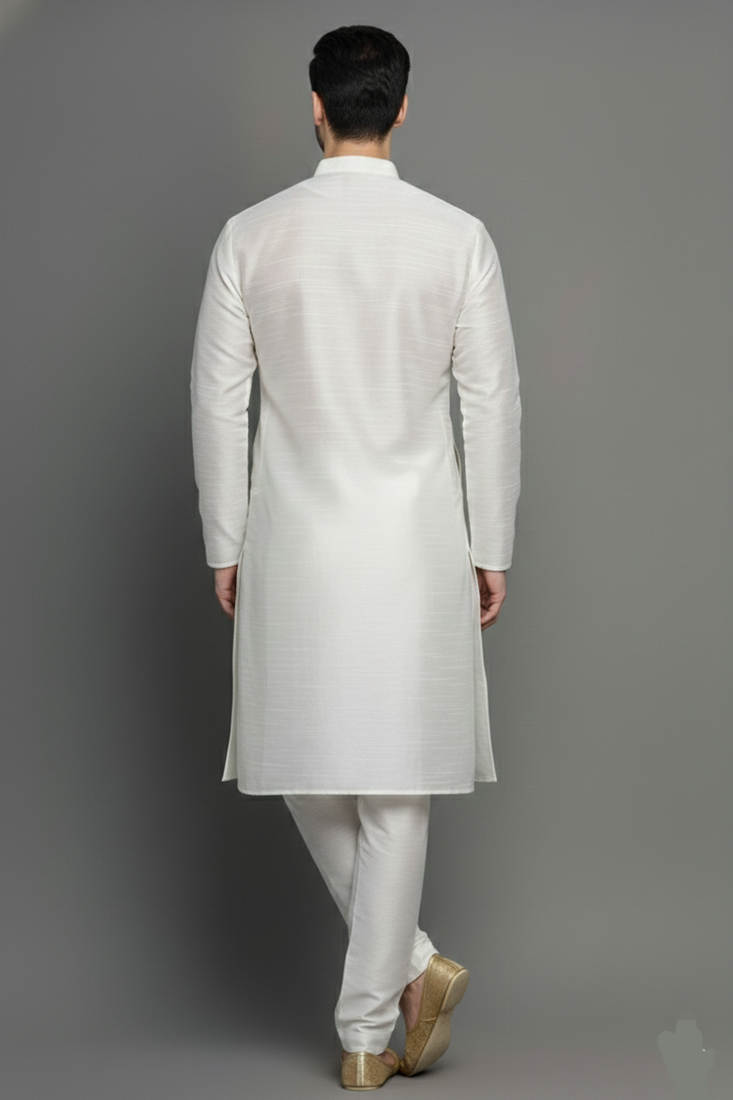 White embroidered dupion silk kurta set