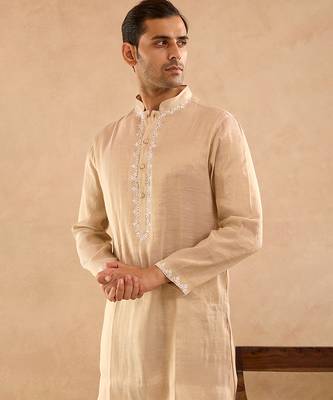 Beige embroidered tissue kurta 4