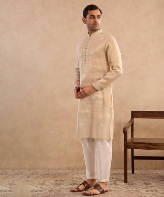 Beige embroidered tissue kurta 1