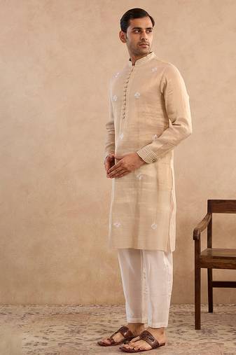 Beige embroidered tissue kurta