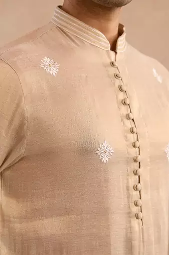 Beige embroidered tissue kurta