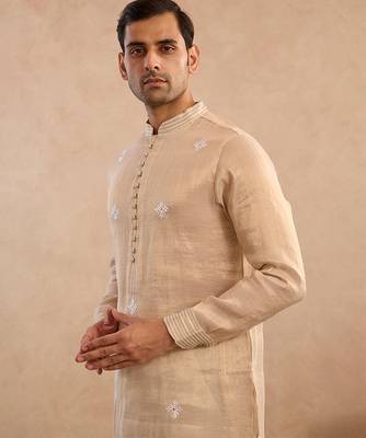 Beige embroidered tissue kurta 4