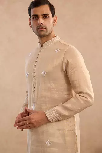 Beige embroidered tissue kurta