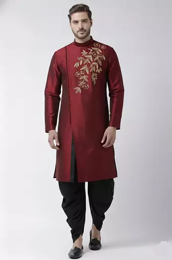 Maroon embroidered dupion silk kurta set