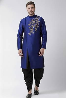 Royal blue embroidered dupion silk kurta set 1