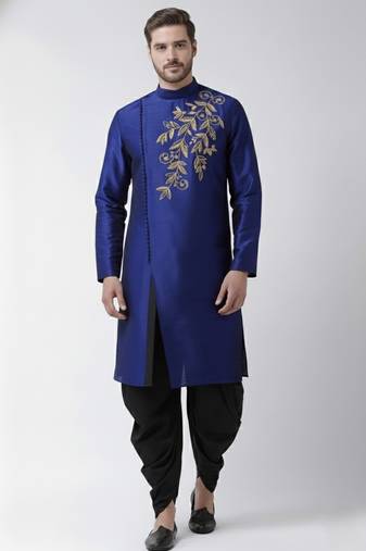Royal blue embroidered dupion silk kurta set