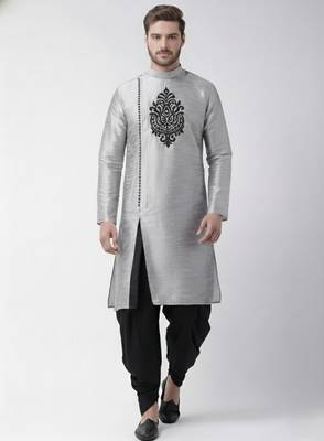Grey embroidered dupion silk kurta set 1